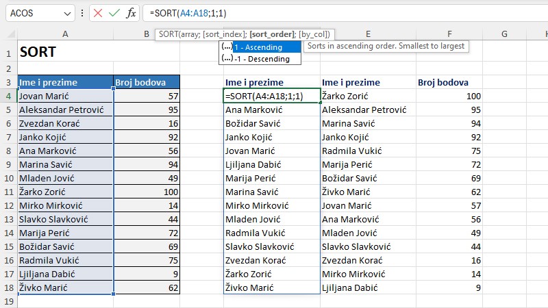 Excel funkcije SORT i SORTBY