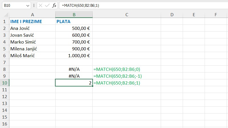 Pretraživanje opsega: Excel funkcija MATCH