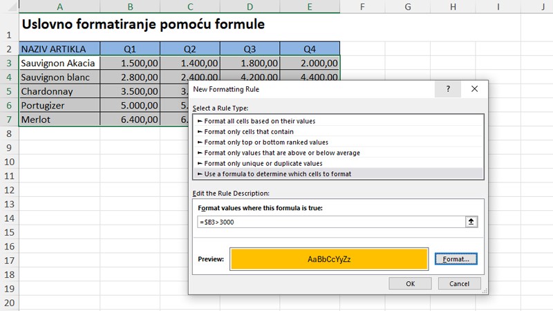 Formule za primenu Excel uslovnog formatiranja