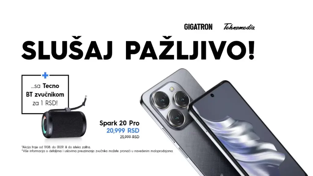 Salušaj pažljivo – kupovina Spark 20 Pro telefona donosi vam TECNO BT zvučnik na poklon!