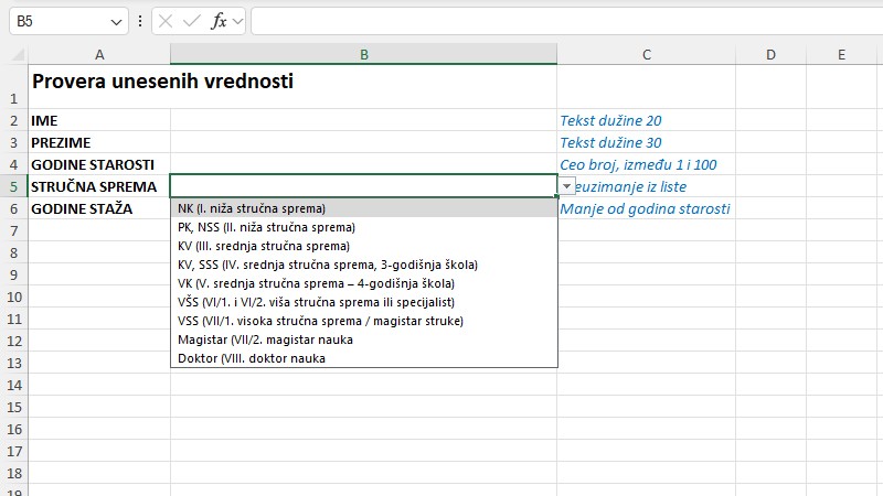 Provera vrednosti podataka unetih u Excel tabele