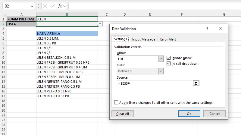 Pretraživanje po delu naziva u Excel tabelama