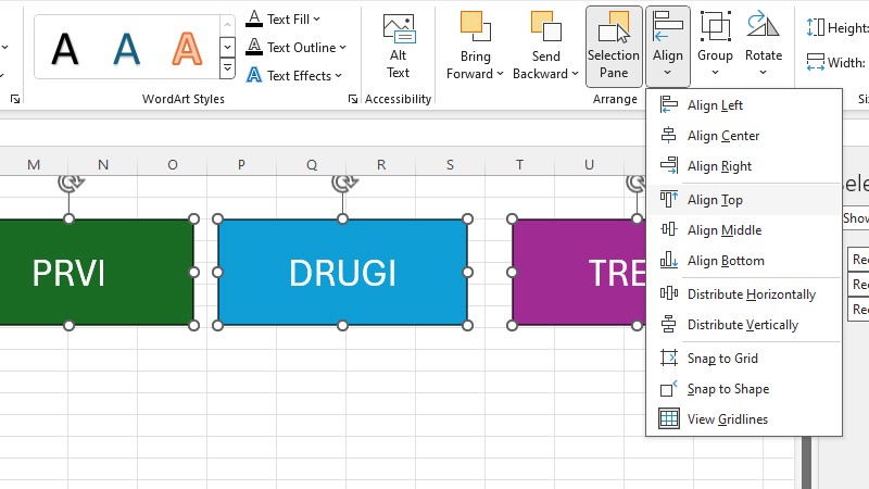 Excel: poravnanje i pozicija grafičkih objekata