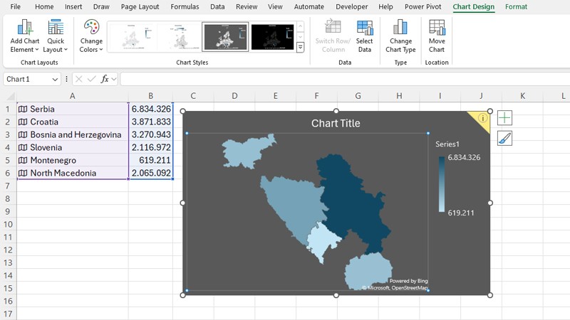 Excel geografija i popunjene mape