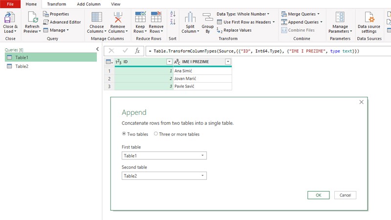 Power Query: spajanje i nadovezivanje tabela